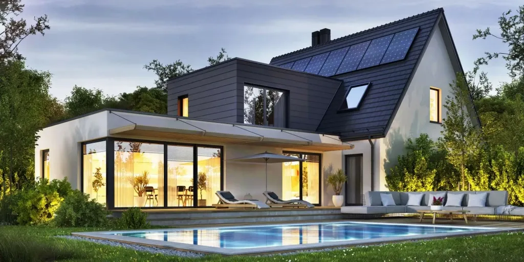 Maison contemporaine avec panneaux solaires, piscine et jardin paysager.