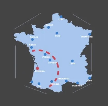 Carte de France illustrant la zone d’intervention d’un expert immobilier depuis Bordeaux.