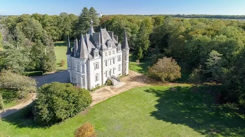 Vue aérienne d’un château de prestige entouré d’un parc arboré.