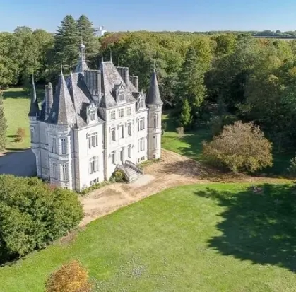 Vue aérienne d’un château historique entouré d’un parc arboré.