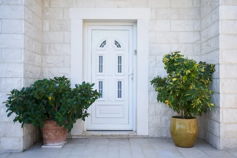 Entrée d'une maison avec porte blanche, façade en pierre et arbustes en pots.
