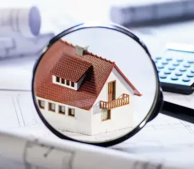 Maison miniature observée à la loupe sur des plans immobiliers pour illustrer une expertise immobilière.