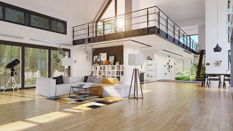Intérieur lumineux d'un loft contemporain avec mezzanine, salon et parquet en bois.