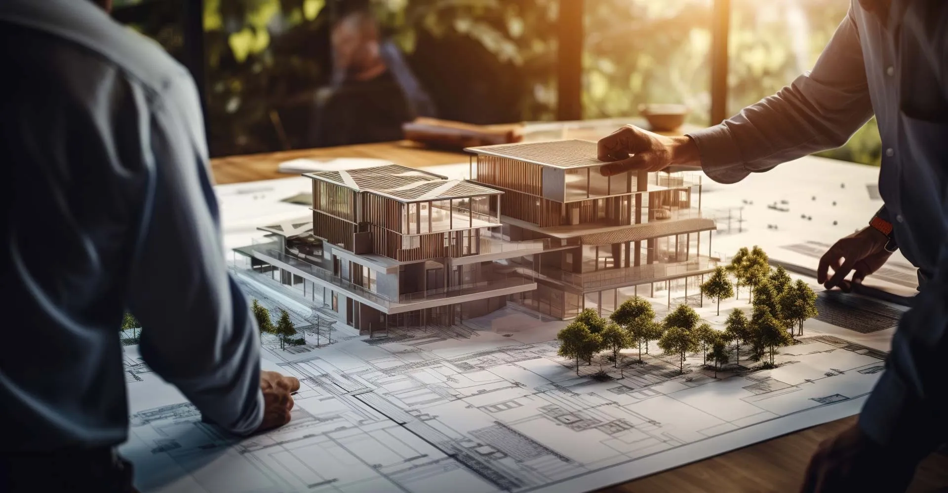 Deux professionnels examinent une maquette de projet immobilier posée sur des plans.